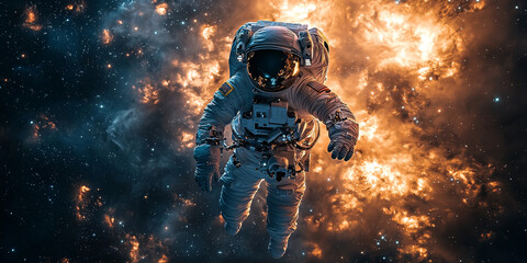 An astronaut floats in the vast expanse of space, surrounded by swirling nebulae and distant stars.