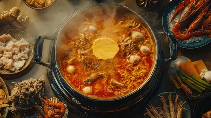 A vibrant Chongqing hot pot with a rich butter base, filled with bubbling spicy broth and surrounded by an assortment of fresh seafood, meats, and vegetables