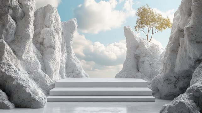 3D render of an abstract background with white cobblestone ruins and broken levitating blocks showcasing a minimalist empty square podium for product presentation.