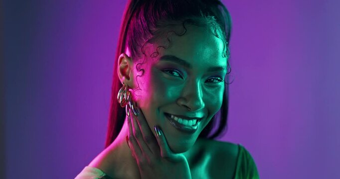 Face, makeup and woman with aesthetic, neon and dermatology on purple studio background. Portrait, person and model with confidence, pride and cosmetics with grooming routine, shine and beauty