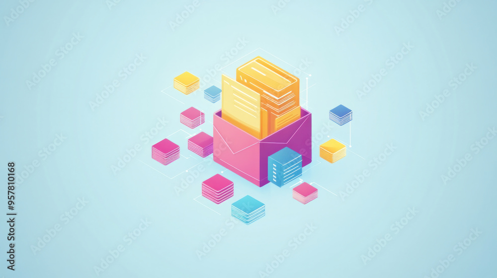 Poster A box with many different colored blocks inside of it. The blocks are arranged in a way that looks like they are stacked on top of each other. Concept of organization and structure