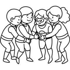 Superhero kids in a team huddle before action