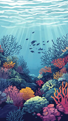 A colorful underwater scene with fish swimming in the foreground and coral in the background. Scene is peaceful and serene, as the fish and coral seem to be living in harmony