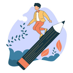 Boy High School Student Character Illustration Surfing on Giant Pencil in the Park