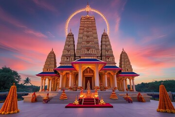 Majestic Hindu Temple Wallpaper for Puthandu Celebration at Dusk Celebrating Tradition