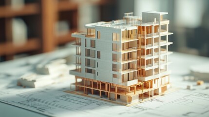Architectural Model of Modern Apartment Building on Blueprint