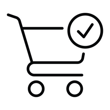 recommend clip art: Shopping checked vector icon. Shop basket with checkmark symbol. Online shop sign. E-commerce business. Line outline illustration.