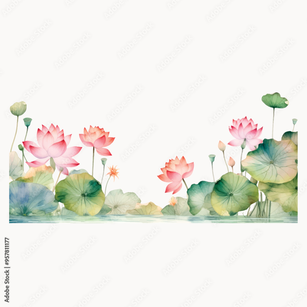 Poster watercolor lotus flowers pond