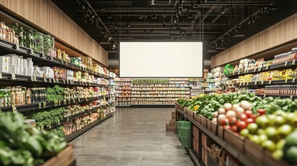 Modern Supermarket Interior with Fresh Produce and Mockup Sign Under Bright Lighting
