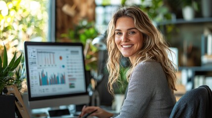 Fototapeta premium Young Professional Woman Smiling at Desk with Computer Displaying Business Analytics in Modern Office
