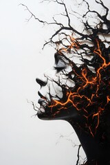 An artistic representation of a face merging with abstract branches and vibrant orange details, symbolizing creativity and nature.