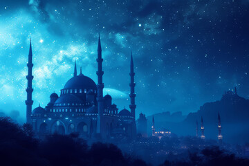 Obraz premium Ramadan Kareem with mosque and crescent moon