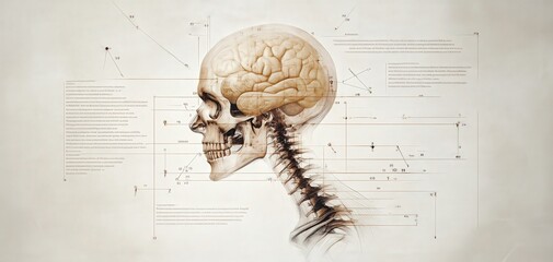 Detailed illustration of a human skull and brain, showcasing anatomical features and scientific elements in a vintage style.