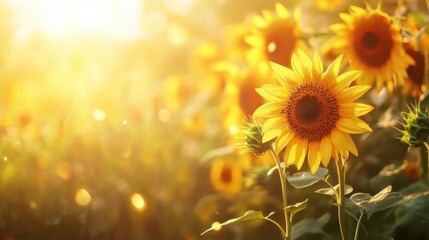 Golden Hour Sunflower Field   Closeup with Bokeh Background