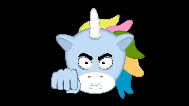 video animation emoji face unicorn character cartoon illustration, with an angry expression and fist bump hand. On a transparent background with alpha channel set to zero