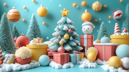 3D render of a colorful abstract Christmas clip art featuring a fir tree, gift boxes, funny cartoon toys, seasonal ornaments, and surreal objects with mannequin legs.