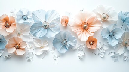 Elegant Paper Flowers in Pastel Colors on White Background - Delicate Floral Arrangement for Creative Design Projects