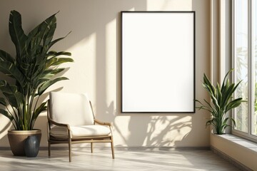 Poster Frame in Beige minimalist living room interior created with generative AI