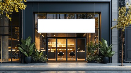 Modern Hair Salon Exterior with Blank Signboard and Stylish Interior Design