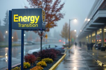 A clean sign displaying "Energy Transition" in bold serif font, placed at a community center advocating for renewable energy adoption. 