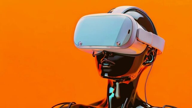 Female dummy wearing VR glasses placed on bright orange background.