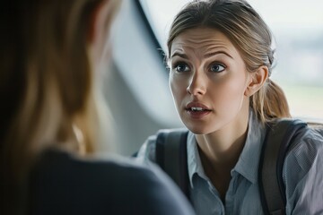 A female airline attendant dealing with a passenger complaint. She’s listening attentively and offering a solution