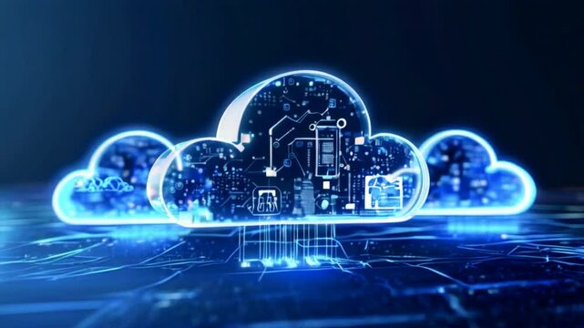 Cloud and edge computing technology data transfer concept with cyber security information protection system on dark blue background.
