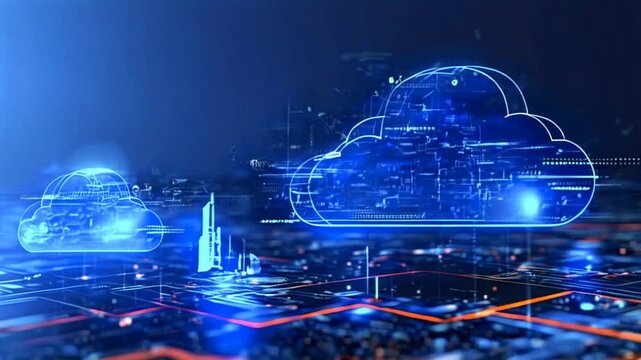 Cloud and edge computing technology data transfer concept with cyber security information protection system on dark blue background.