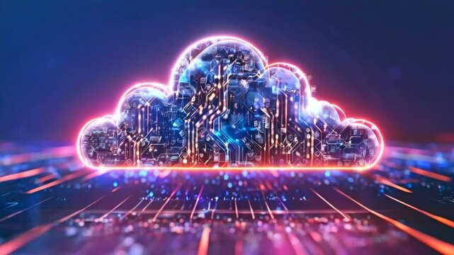 Cloud and edge computing technology data transfer concept with cyber security information protection system on dark blue background.
