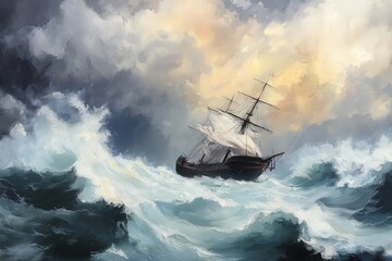 Obraz premium A dramatic seascape featuring a tall ship battling powerful waves under a turbulent sky.