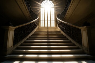 Obraz premium A grand staircase bathed in sunlight, leading to an elegant window, showcasing classic architecture and serene ambiance.