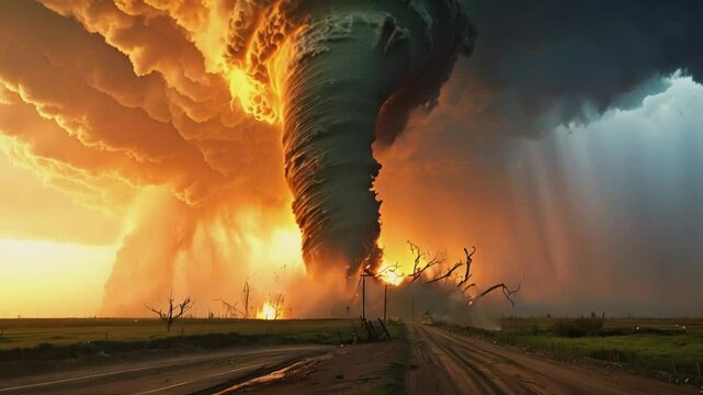 3D rendering of a Tornado catastrophe. Natural disaster with hurricane. Power twisted storm concept.