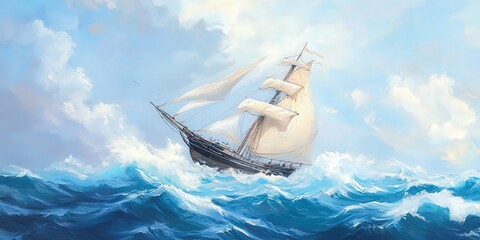 A majestic sailing ship navigates through vibrant waves under a bright sky. Perfect for maritime and adventure themes.