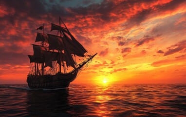Obraz premium A majestic ship sails across the ocean at sunset with vibrant colors illuminating the sky and calming waves.