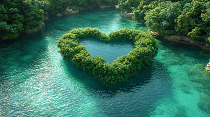 lake shaped like a heart, nestled in a lush green landscape, symbolizing love and tranquility