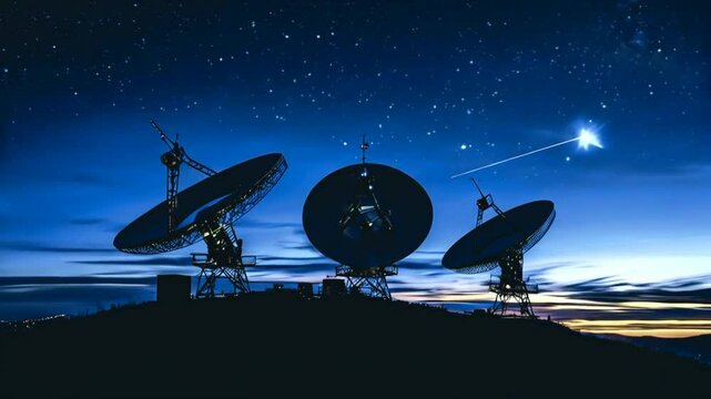 Amazing night sky view with satellite dish on top of mountain at night. Discovery, science and technology.