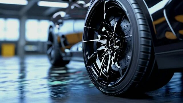 Close-up of rear car wheel spinning. Black rubber automotive tire. Seamless looping 3D animation.
