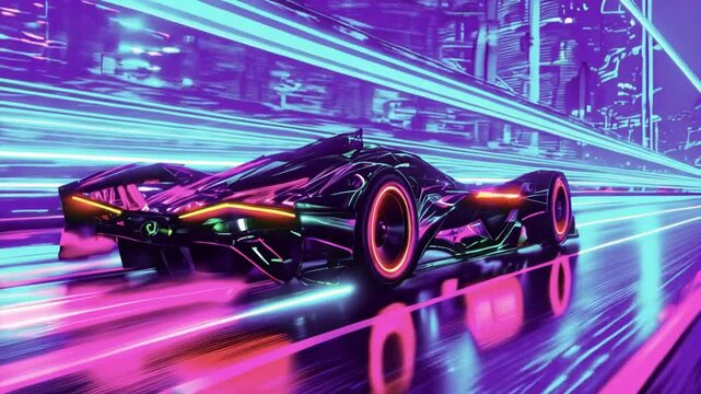 A high-performance electric racing car is accelerating fast on a racetrack at night.