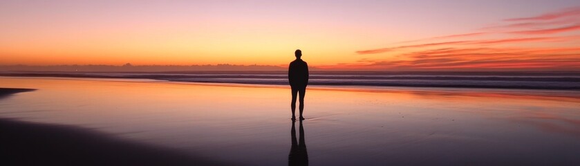 Embracing a New Day: Person Standing on Beach at Dawn Ready for Fresh Start