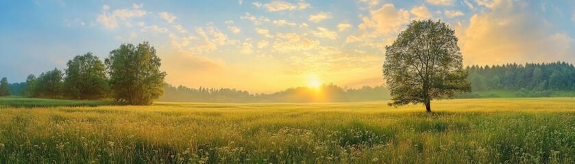 Obraz premium Serene Sunrise: Embracing New Beginnings in a Tranquil Meadow