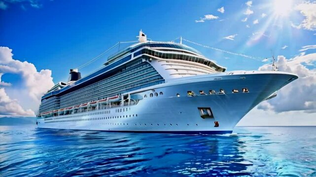 Large cruise ship sailing in the ocean with bright sunshine and clear sky. Summer vacation travel concept.