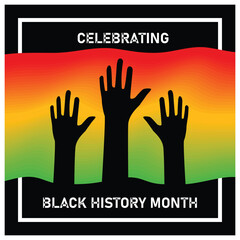 Fototapeta premium Black History Month celebration. Silhouette of hand on Pan-African flag colors background. Black History Month concept. Flat vector illustration.