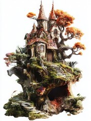 A whimsical fantasy house nestled in a vibrant tree, featuring vibrant colors and intricate details that spark imagination.