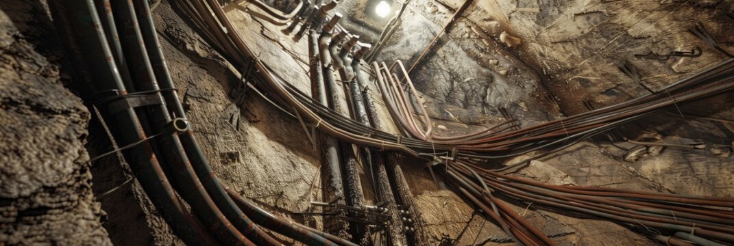 Power cables bundled together along the wall of an underground passage in an old salt mine.