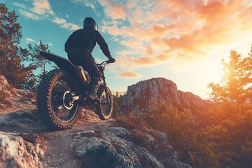 A dirt bike rider on a mountain trail, looking out at the sunset over a rugged landscape.