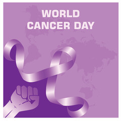 Obraz premium The fight against cancer. Hands clenched with cancer awareness ribbon. World Cancer Day concept. Flat vector illustration.