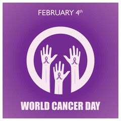 World Cancer Day, February 4. Hands raised with cancer awareness ribbon. World Cancer Day concept. Flat vector illustration.