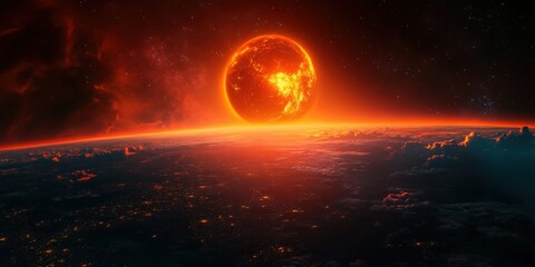 Vibrant sunset illuminating the planet's horizon, showcasing the beauty of space and celestial phenomena in breathtaking detail.