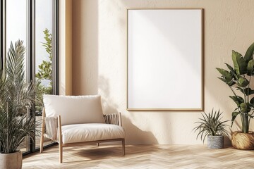 Poster Frame in Beige minimalist living room interior created with generative AI