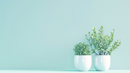 07240954 114. Minimalist arrangement of white pots with healthy green plants against a serene pastel sky blue background, offering a generous area at the bottom for text